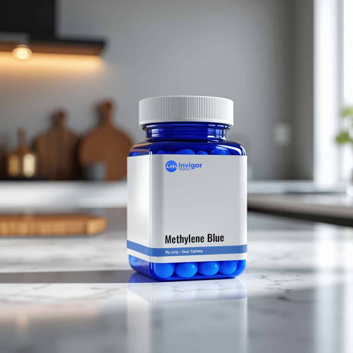 A blue bottle labeled “Methylene Blue 25mg” sits on a marble kitchen countertop, with blurred utensils and shelves in the background.